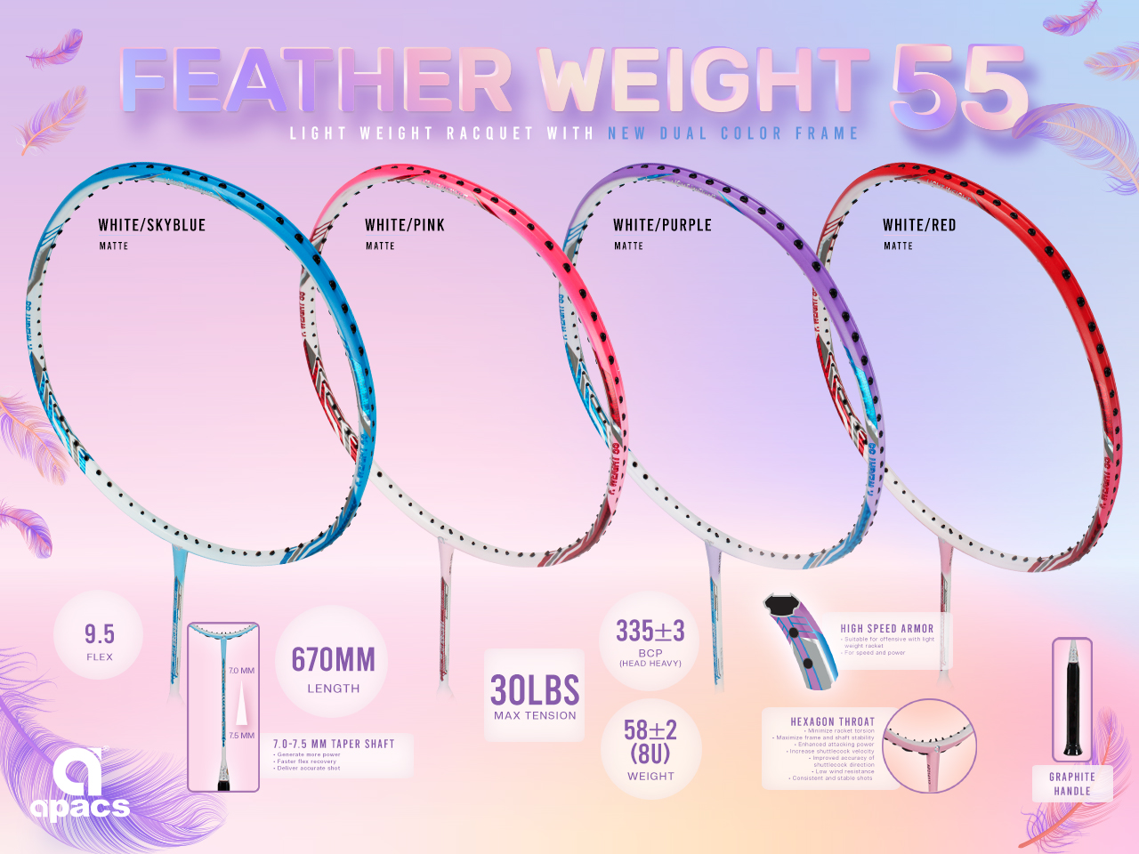 apacs FEATHER WEIGHT ⅩⅡ（X2）58g 超軽量 ラケット335±3mmガット